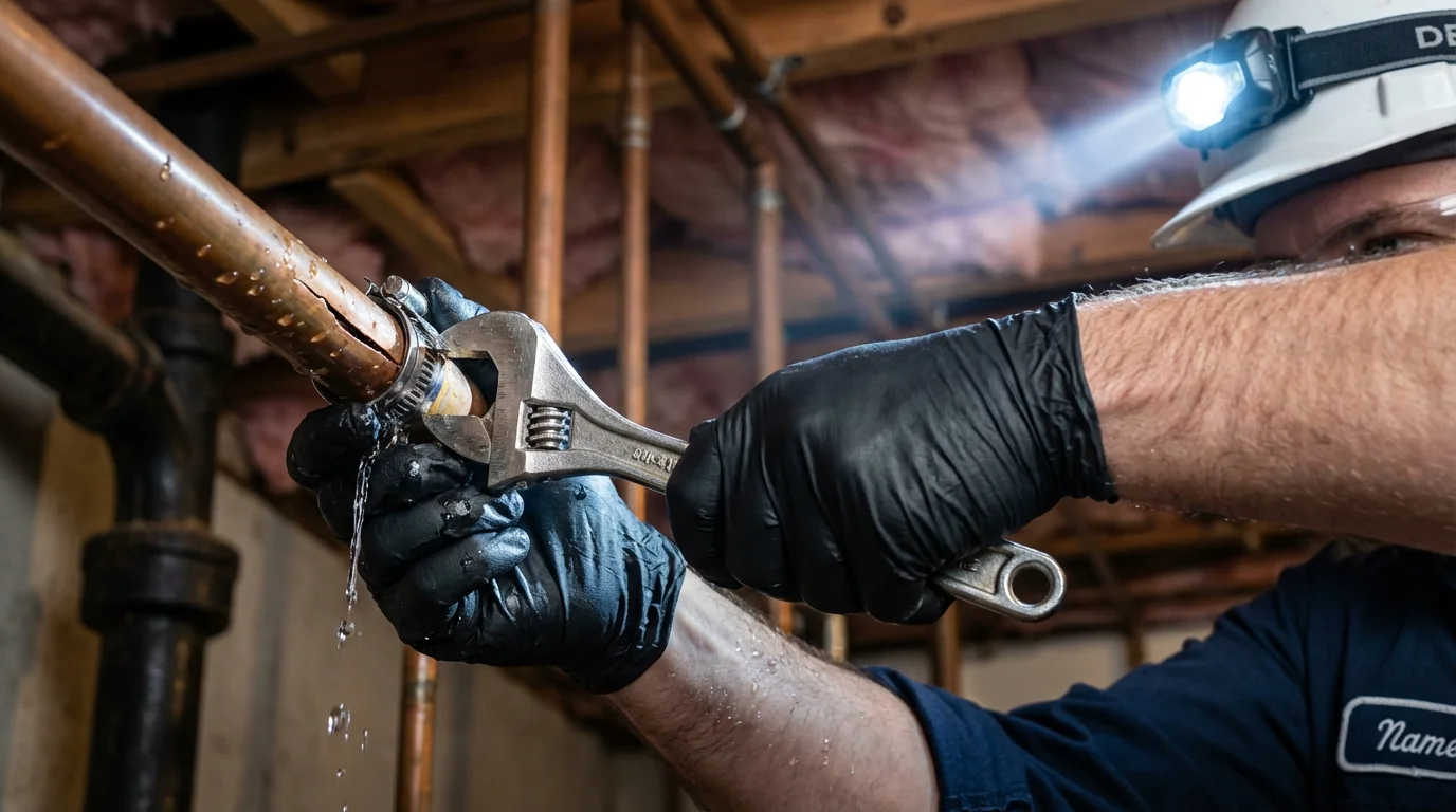 Emergency pipe clamp repair being performed by a Johns Plumbing LLC plumber in Topanga
