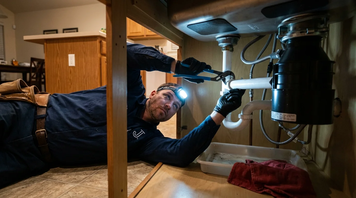 P-trap and supply line connections under a kitchen sink showing a common leak point in Topanga, CA